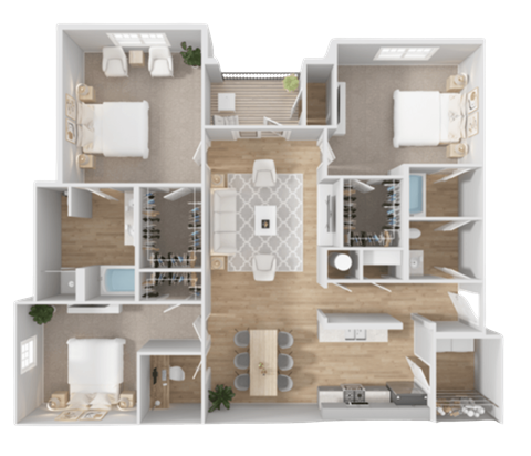 A 3D floor plan of a house with a kitchen, living room, dining room, and bedrooms.